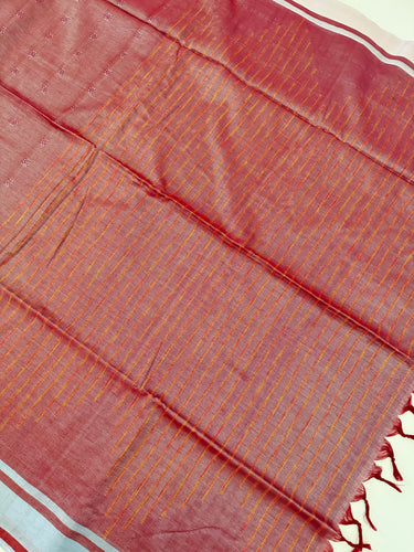 ShopNaya Exclusive | Handwoven | Cotton & Zari Mix Saree | Basket Weave | No Blouse | Metallic Reddish Pink | Silver Zari | Ships from California